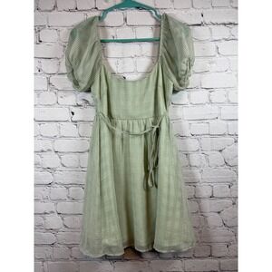 Altar'd State Gingham Dress Puff‎ Sleeve Tie Waist Green XS